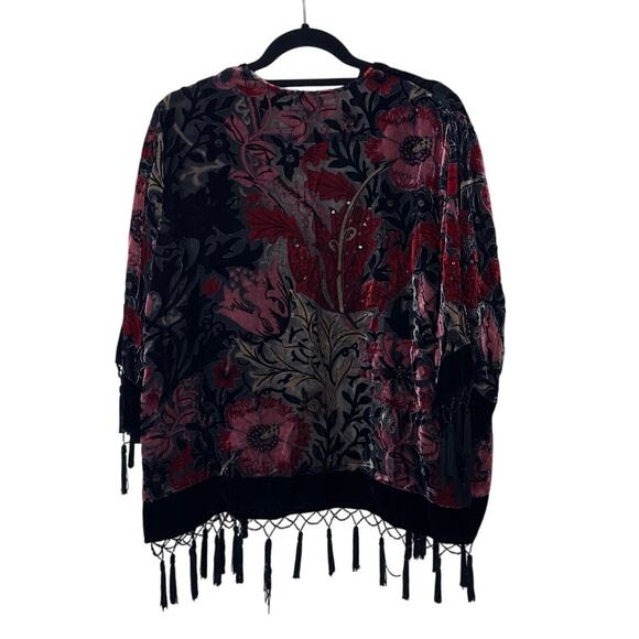 MSK Petite Velvet Burnout Beaded Kimono Jacket Size M Gypsy Floral Tassels - Picture 3 of 8